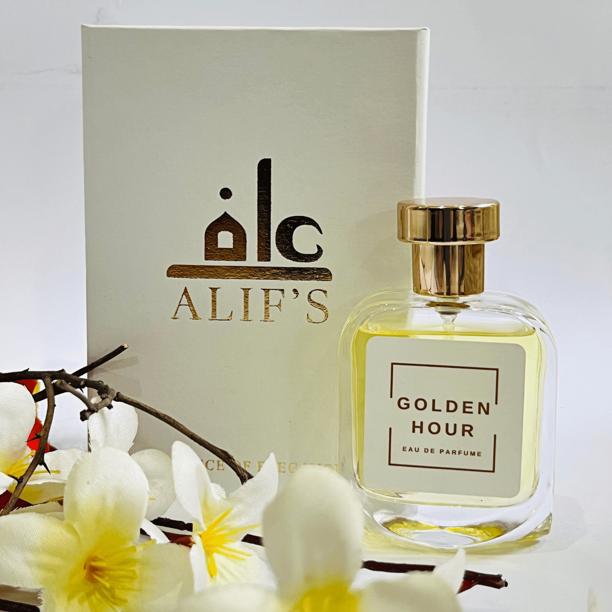 Golden Hour warm women’s perfume bottle by Alif’s Perfume